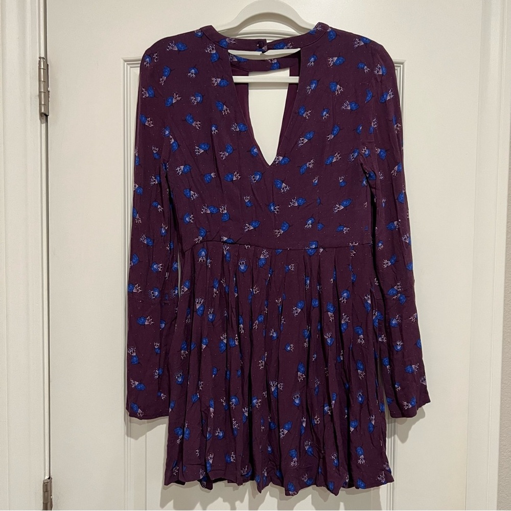 Free People Pleated Long Sleeve Mini Dress in Purple Pattern